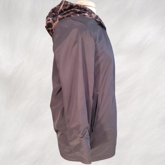 REVERSIBLE Black and Faux Fur Leopard Print Mid-Length Hooded Coat Jacket Size S - Picture 4 of 12